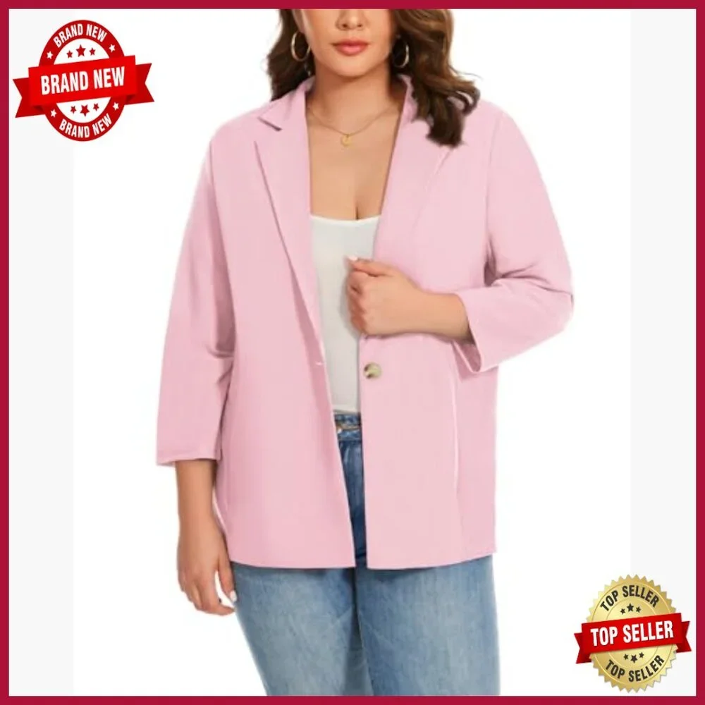Plus Size 3/4 Sleeve Blazer Notch Lapel Casual Work Jacket XL-5XL - Picture 5 of 7